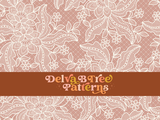 Off white flowers, leaves and faux lace netting on a dusty rose background seamless file for fabric printing. Dainty, delicate, feminine, romantic Floral Repeat Pattern for textiles, polymailers, baby girl lovey blankets, nursery crib bedding, kids clothing, girls hair accessories, home decor accents, pet products.