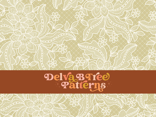 Off white flowers, leaves and faux lace netting on a dusty yellow background seamless file for fabric printing. Dainty, delicate, feminine, romantic Floral Repeat Pattern for textiles, polymailers, baby girl lovey blankets, nursery crib bedding, kids clothing, girls hair accessories, home decor accents, pet products.