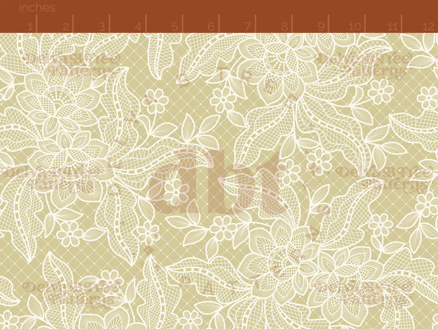 Off white flowers, leaves and faux lace netting on a dusty yellow background seamless pattern scale digital file for small shops that make handmade products in small batches.