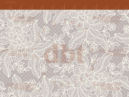 Off white flowers, leaves and faux lace netting on a gray background seamless pattern scale digital file for small shops that make handmade products in small batches.