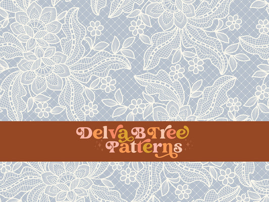 Off white flowers, leaves and faux lace netting on a pastel blue background seamless file for fabric printing. Dainty, delicate, feminine, romantic Floral Repeat Pattern for textiles, polymailers, baby girl lovey blankets, nursery crib bedding, kids clothing, girls hair accessories, home decor accents, pet products.