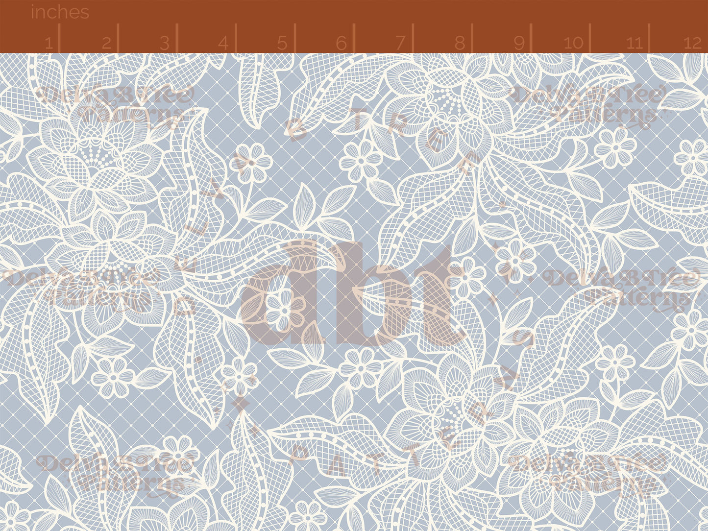 Off white flowers, leaves and faux lace netting on a pastel blue background seamless pattern scale digital file for small shops that make handmade products in small batches.