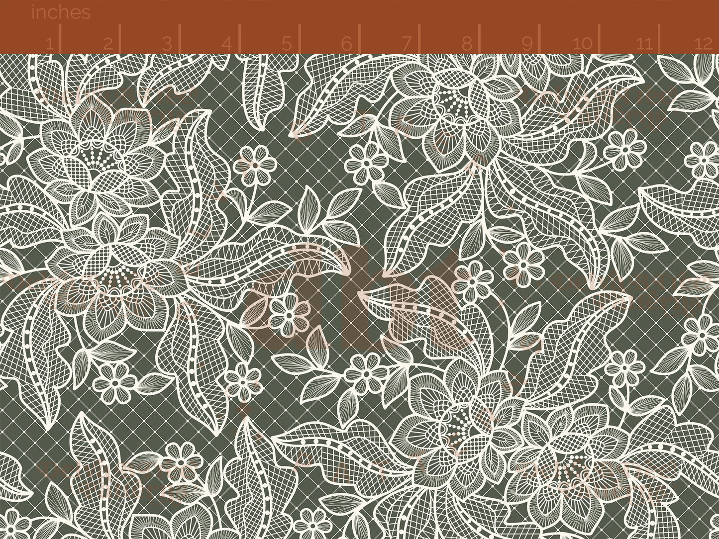 Off white flowers, leaves and faux lace netting on a thyme green background seamless pattern scale digital file for small shops that make handmade products in small batches.