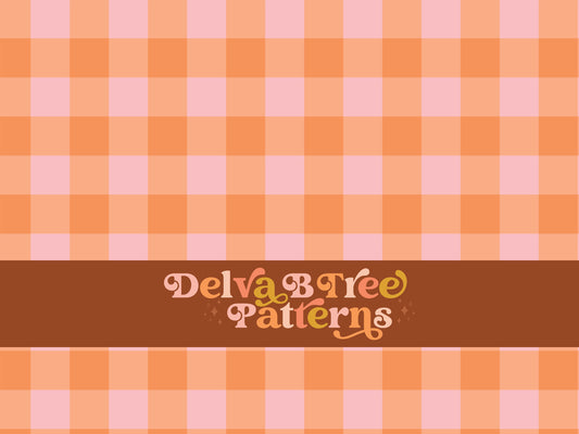 One inch orange and pink gingham seamless file for fabric printing. Classic Buffalo Checked Repeat Pattern for textiles, polymailers, baby lovey blankets, nursery crib bedding, kids clothing, girls hair accessories, home decor accents, pet products.
