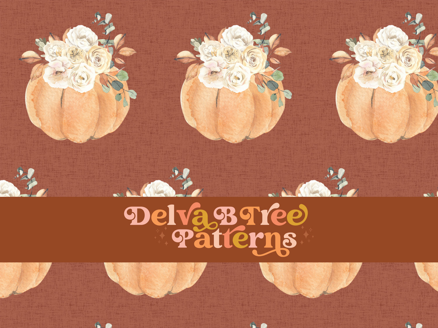 Watercolor orange pumpkins, flowers and leaves on a textured burnt cinnamon seamless file for fabric printing. Autumn Farmhouse Repeat Pattern for textiles, polymailers, baby boy lovey blankets, nursery crib bedding, kids clothing, girls hair accessories, home decor accents, pet products.
