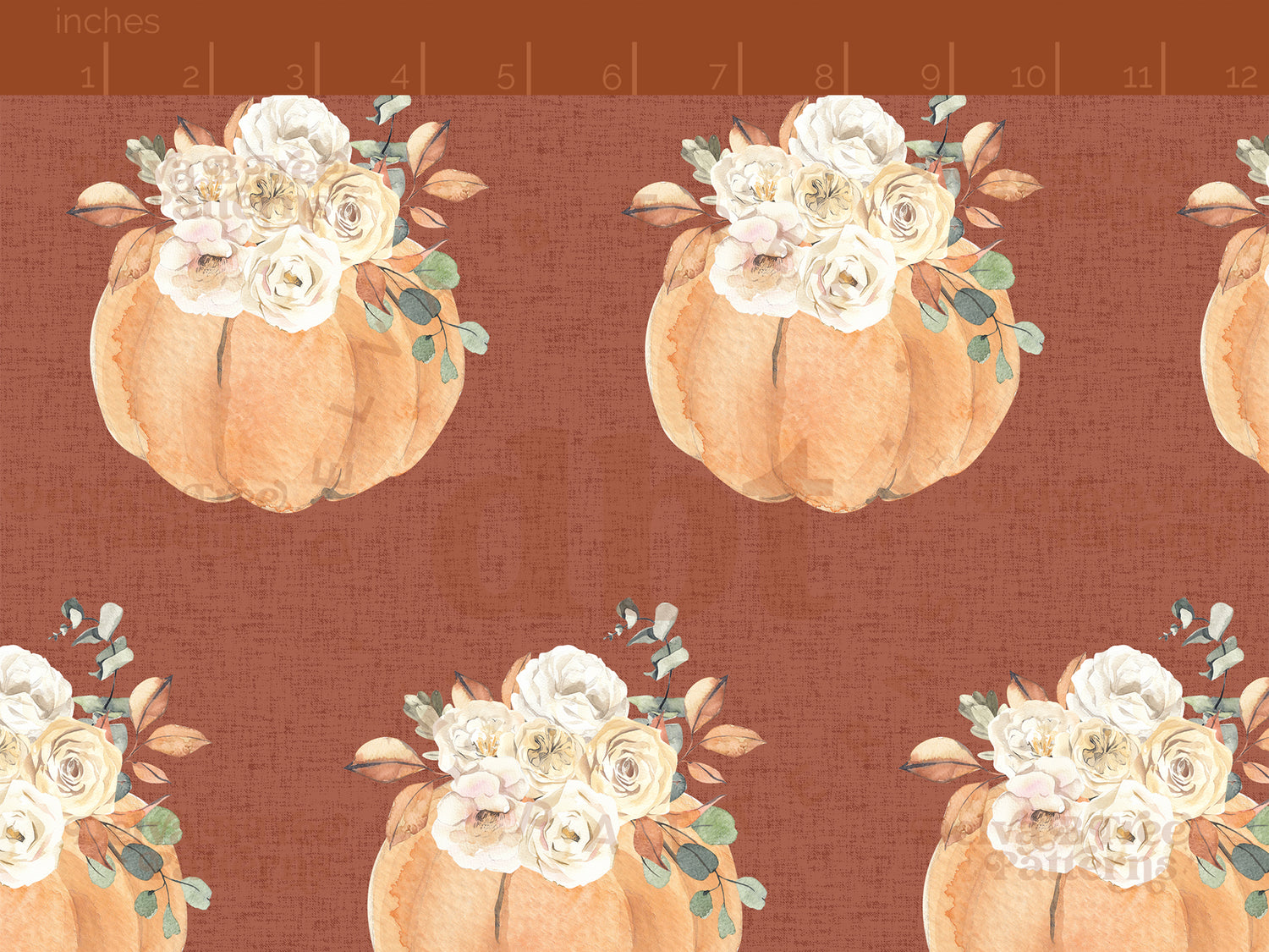 Watercolor orange pumpkins, flowers and leaves on a textured burnt cinnamon seamless pattern scale, digital file for small shops that make handmade products in small batches.