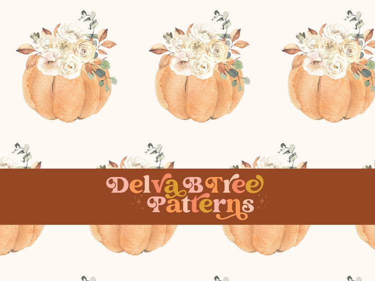 Watercolor orange pumpkins, flowers and leaves on an off white seamless file for fabric printing. Autumn Farmhouse Repeat Pattern for textiles, polymailers, baby boy lovey blankets, nursery crib bedding, kids clothing, girls hair accessories, home decor accents, pet products.