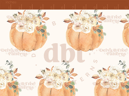 Watercolor orange pumpkins, flowers and leaves on an off white seamless pattern scale, digital file for small shops that make handmade products in small batches.