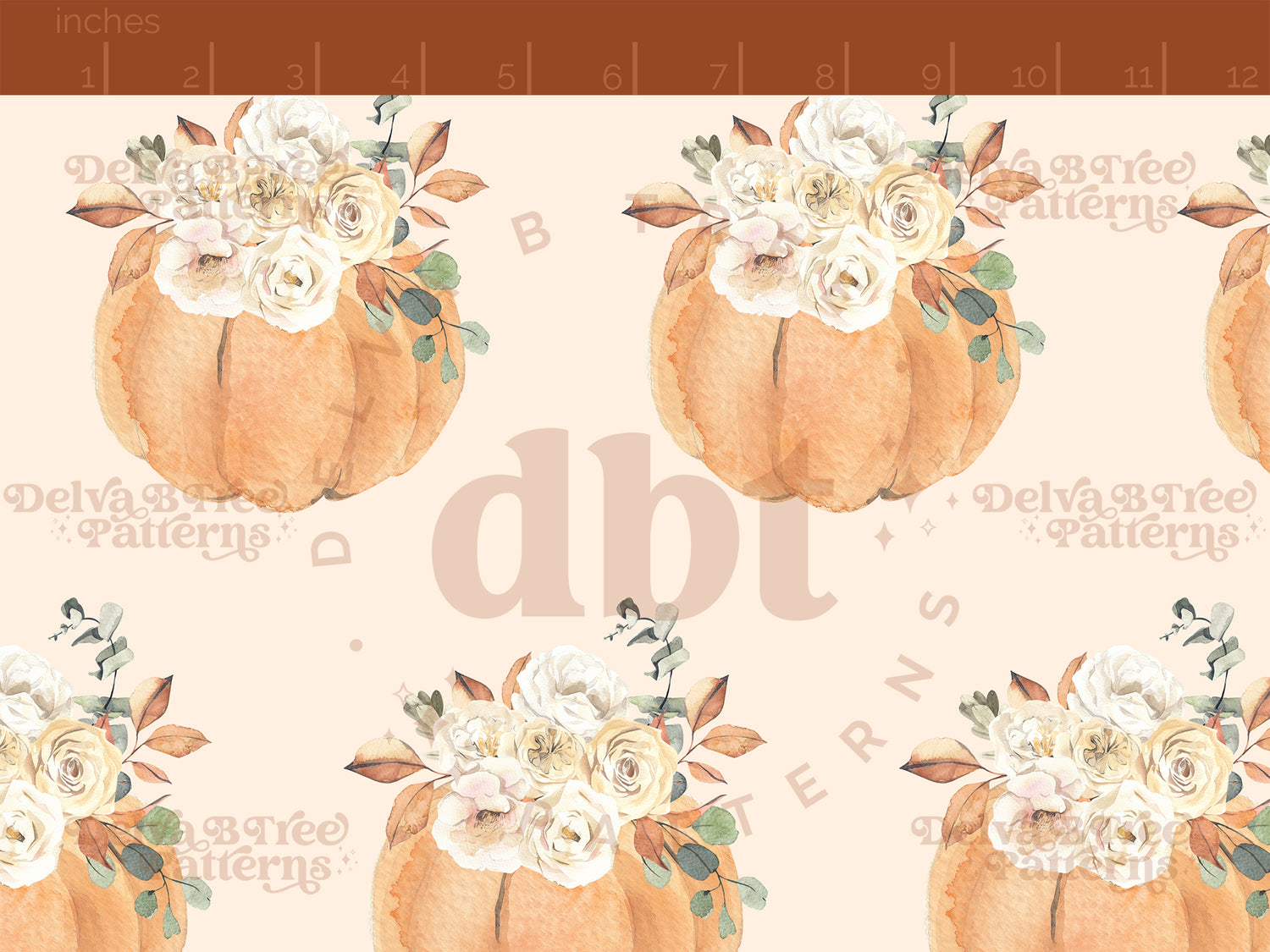 Watercolor orange pumpkins, flowers and leaves on a pale light orange seamless pattern scale, digital file for small shops that make handmade products in small batches.