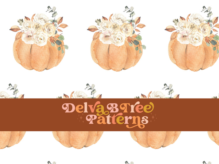 Watercolor orange pumpkins, flowers and leaves on a white seamless file for fabric printing. Fall Farmhouse Repeat Pattern for textiles, polymailers, baby boy lovey blankets, nursery crib bedding, kids clothing, girls hair accessories, home decor accents, pet products.