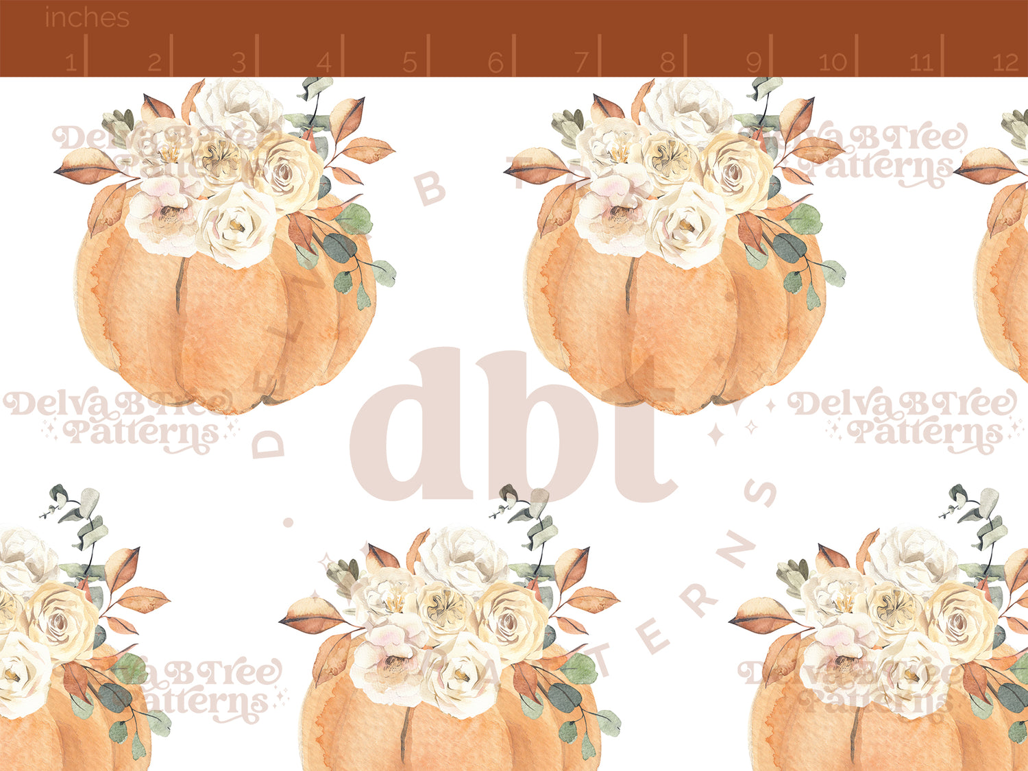 Watercolor orange pumpkins, flowers and leaves on a white seamless pattern scale, digital file for small shops that make handmade products in small batches.