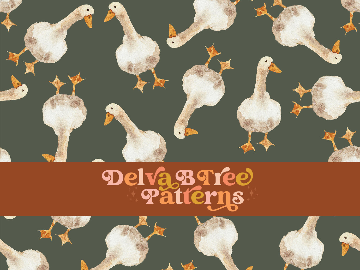 Watercolor geese tossed on a thyme green background seamless file for fabric printing. Gender Neutral retro looking goose repeat pattern for textiles, polymailers, baby boy lovey blankets, nursery crib bedding, kids clothing, girls hair accessories, home decor accents, pet products.