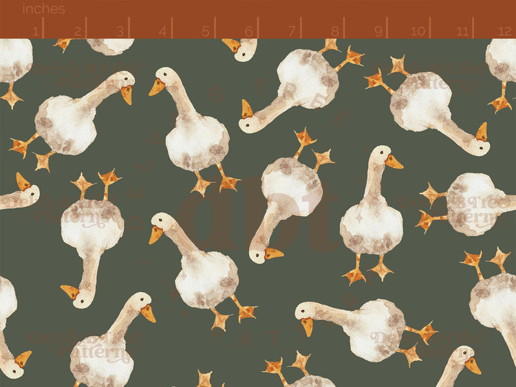 Watercolor goose on a thyme green pattern scale for small shops that make handmade products in small batches with spring farm animal digital files.