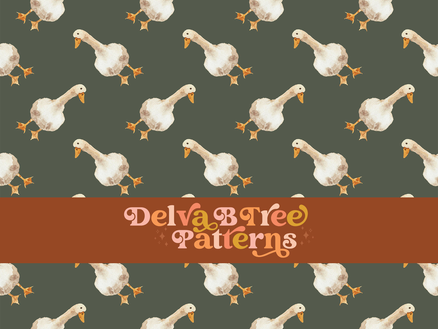 Watercolor geese on a thyme green background seamless file for fabric printing. Gender Neutral retro looking goose repeat pattern for textiles, polymailers, baby boy lovey blankets, nursery crib bedding, kids clothing, girls hair accessories, home decor accents, pet products.