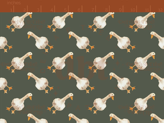 Watercolor goose on a thyme green pattern scale for small shops that make handmade products in small batches with spring farm animal digital files.