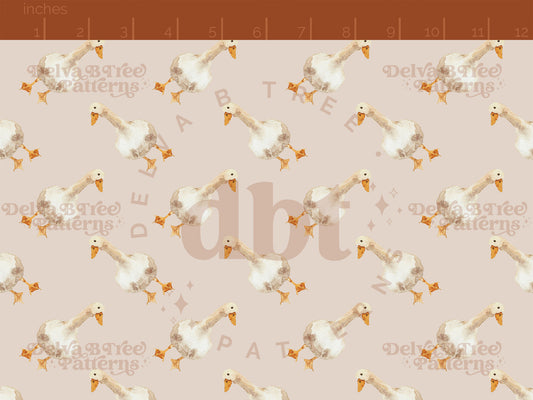 Watercolor goose on a muted tan pattern scale for small shops that make handmade products in small batches with spring farm animal digital files.