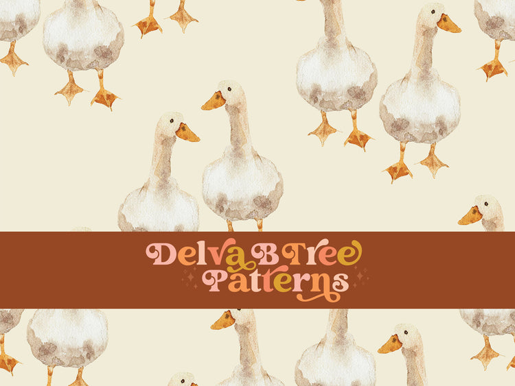 Watercolor geese on an antique white background seamless file for fabric printing. Gender Neutral retro looking goose repeat pattern for textiles, polymailers, baby boy lovey blankets, nursery crib bedding, kids clothing, girls hair accessories, home decor accents, pet products.