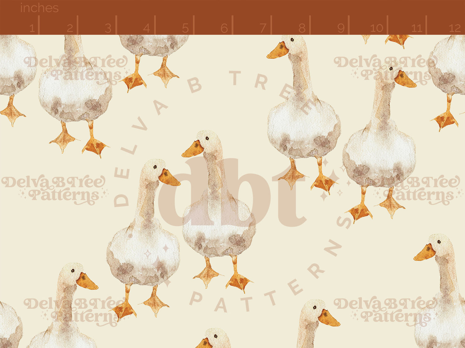 Watercolor goose on an antique white pattern scale for small shops that make handmade products in small batches with spring farm animal digital files.