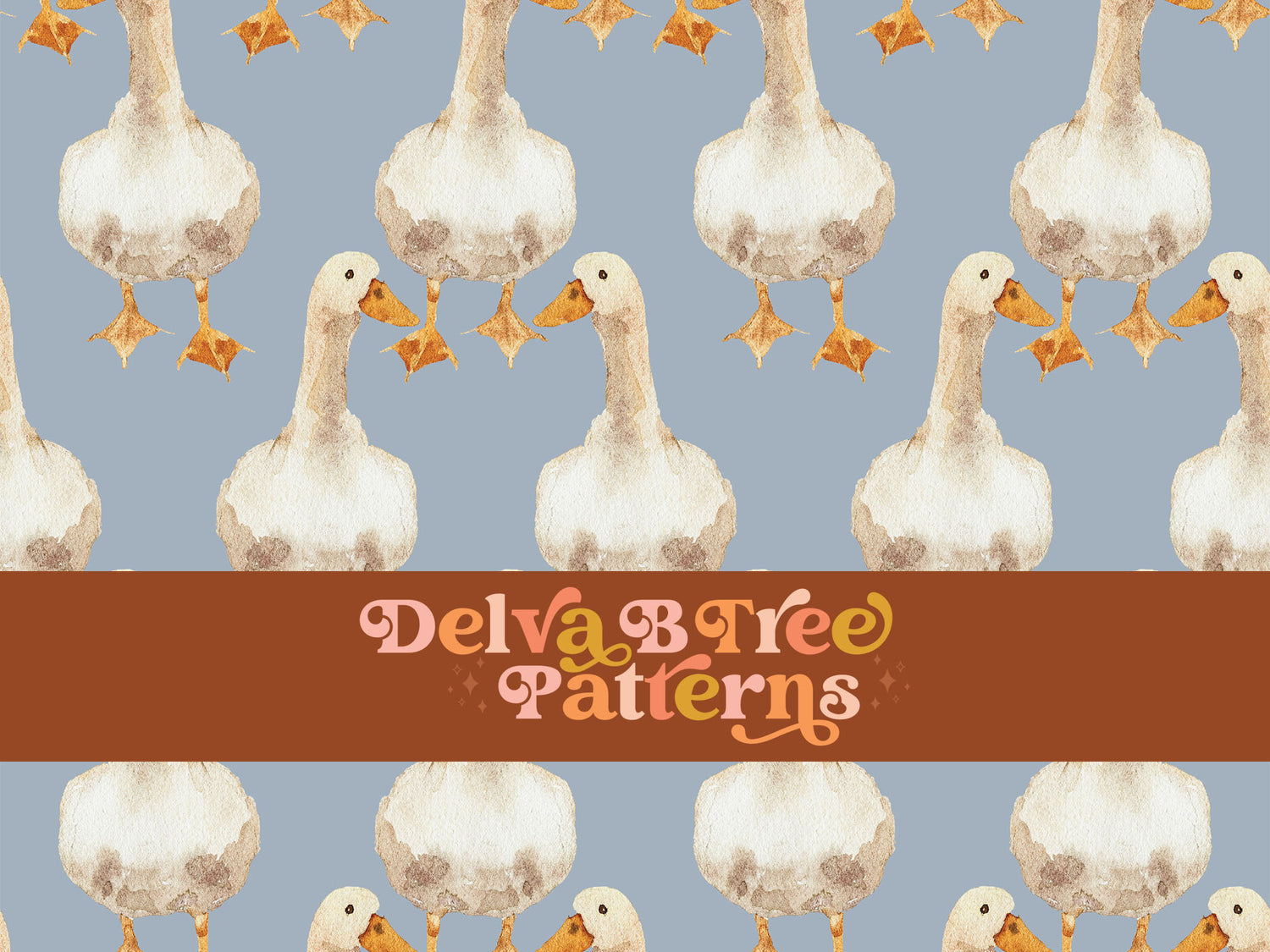 Watercolor geese on a cadet blue background seamless file for fabric printing. retro looking goose repeat pattern for textiles, polymailers, baby boy lovey blankets, nursery crib bedding, kids clothing, girls hair accessories, home decor accents, pet products.