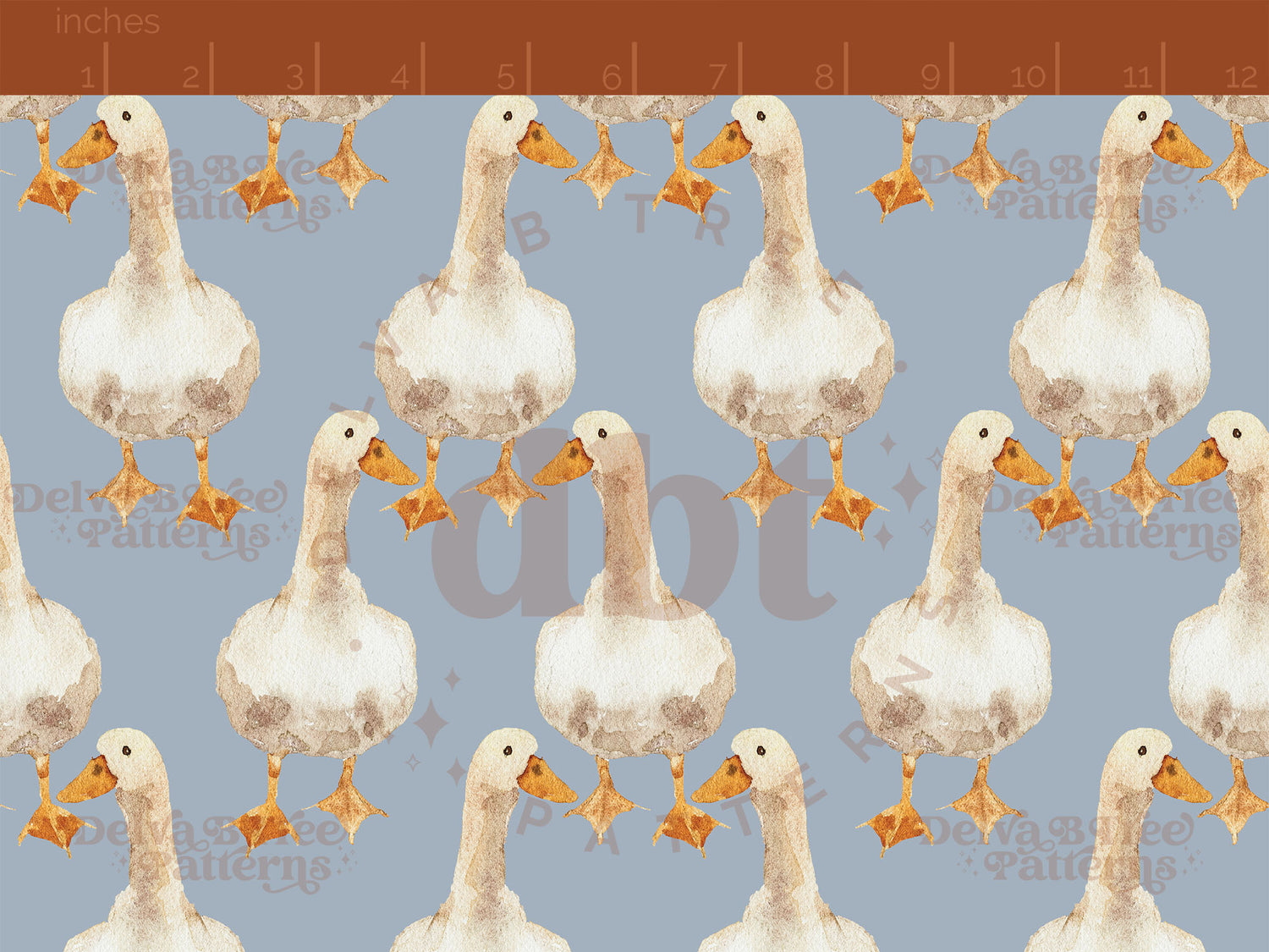 Watercolor goose on a cadet blue pattern scale for small shops that make handmade products in small batches with spring farm animal digital files.