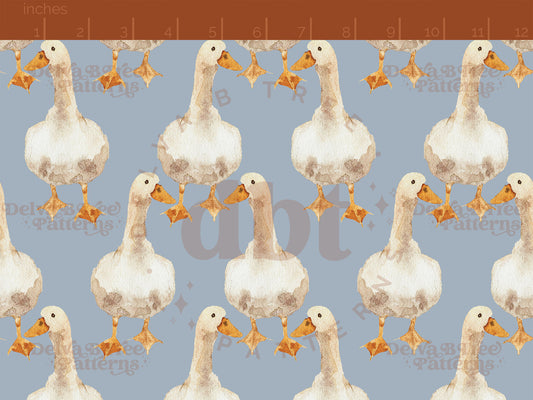 Watercolor goose on a cadet blue pattern scale for small shops that make handmade products in small batches with spring farm animal digital files.