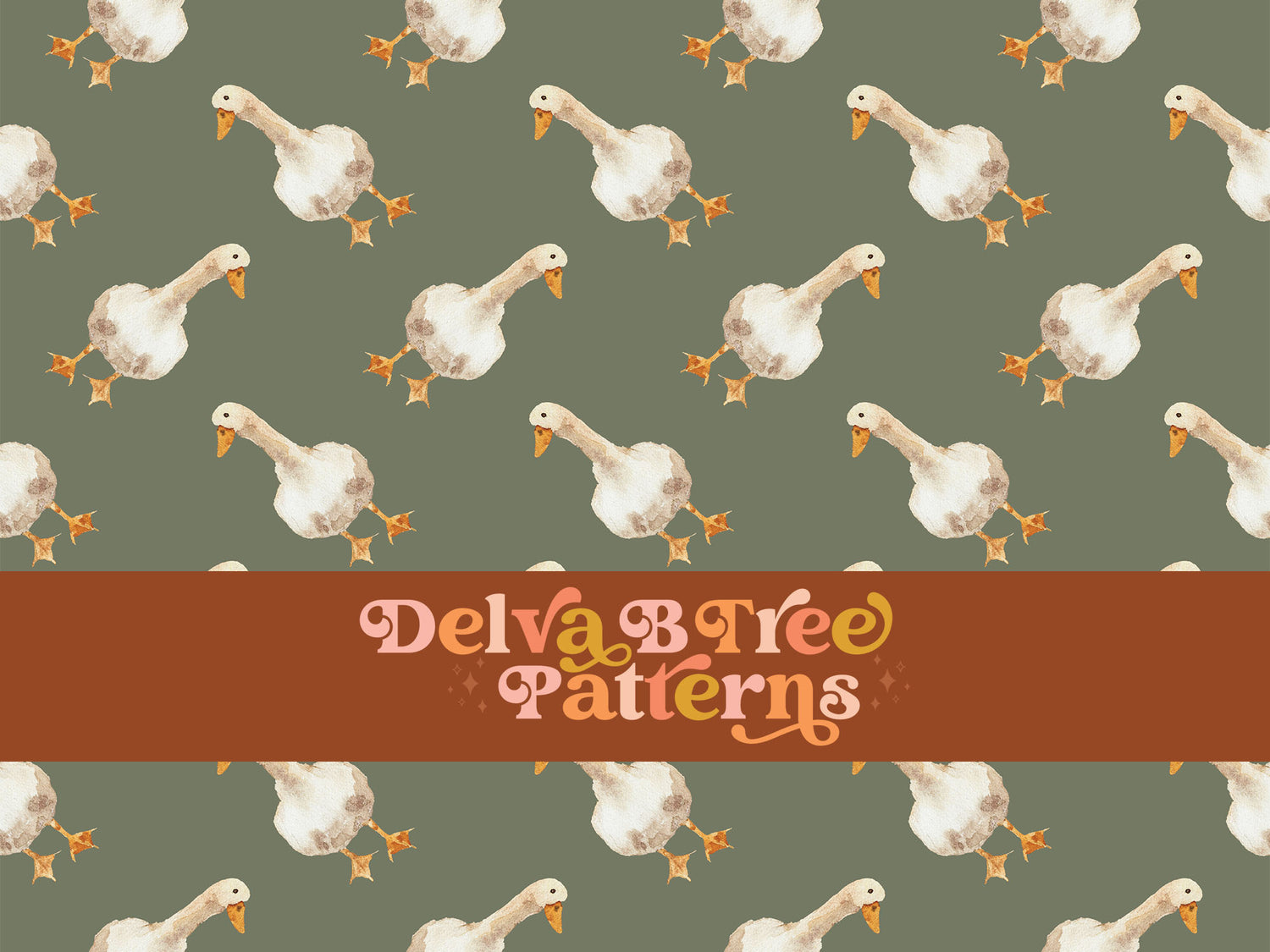 Watercolor geese on a camouflage green background seamless file for fabric printing. Gender Neutral retro looking goose repeat pattern for textiles, polymailers, baby boy lovey blankets, nursery crib bedding, kids clothing, girls hair accessories, home decor accents, pet products.