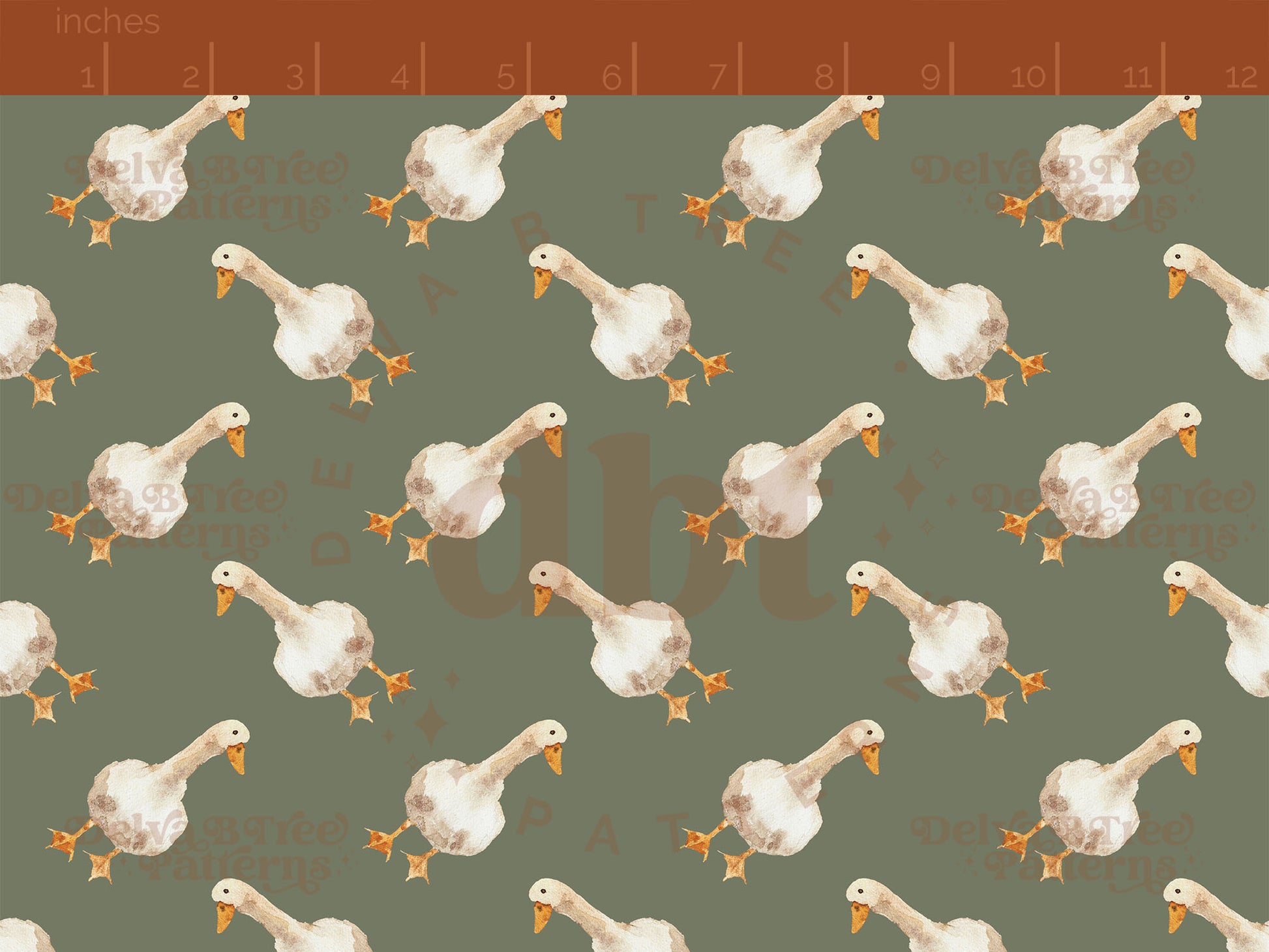 Watercolor goose on a camouflage green pattern scale for small shops that make handmade products in small batches with spring farm animal digital files.