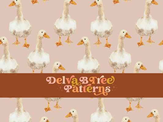 Watercolor geese on a blush pink background seamless file for fabric printing. Retro earth tone goose repeat pattern for textiles, polymailers, baby girl lovey blankets, nursery crib bedding, kids clothing, girls hair accessories, home decor accents, pet products.