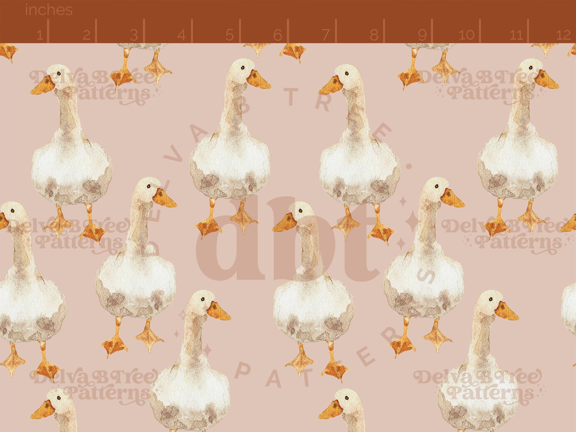 Watercolor goose on a blush pink pattern scale for small shops that make handmade products in small batches with spring farm animal digital files.