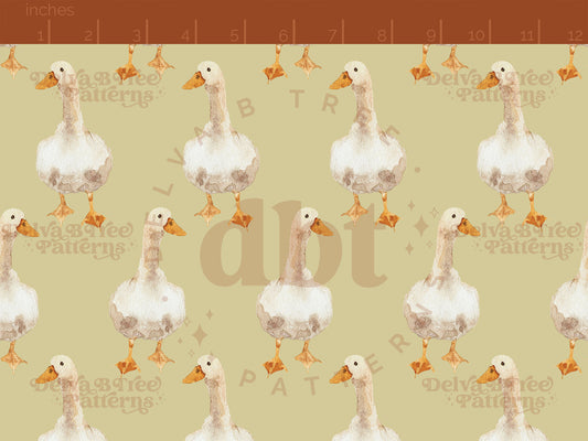 Watercolor goose on a dusty yellow pattern scale for small shops that make handmade products in small batches with spring farm animal digital files.
