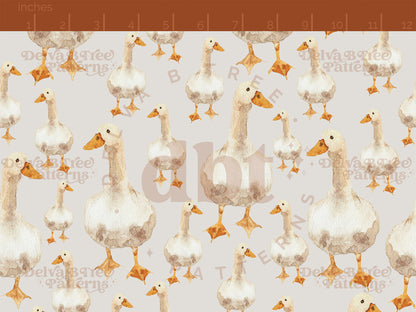 Watercolor goose on a pale gray pattern scale for small shops that make handmade products in small batches with spring farm animal digital files.