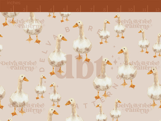 Watercolor goose on a muted tan pattern scale for small shops that make handmade products in small batches with spring farm animal digital files.