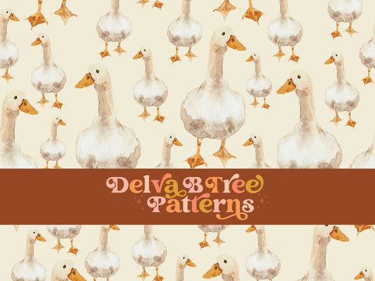 Watercolor geese on an antique white background seamless file for fabric printing. Gender Neutral retro looking goose repeat pattern for textiles, polymailers, baby boy lovey blankets, nursery crib bedding, kids clothing, girls hair accessories, home decor accents, pet products.