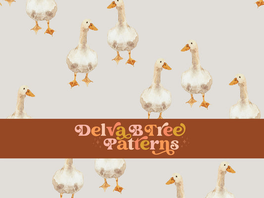 Watercolor geese on a pale gray background seamless file for fabric printing. Gender Neutral retro looking goose repeat pattern for textiles, polymailers, baby boy lovey blankets, nursery crib bedding, kids clothing, girls hair accessories, home decor accents, pet products.