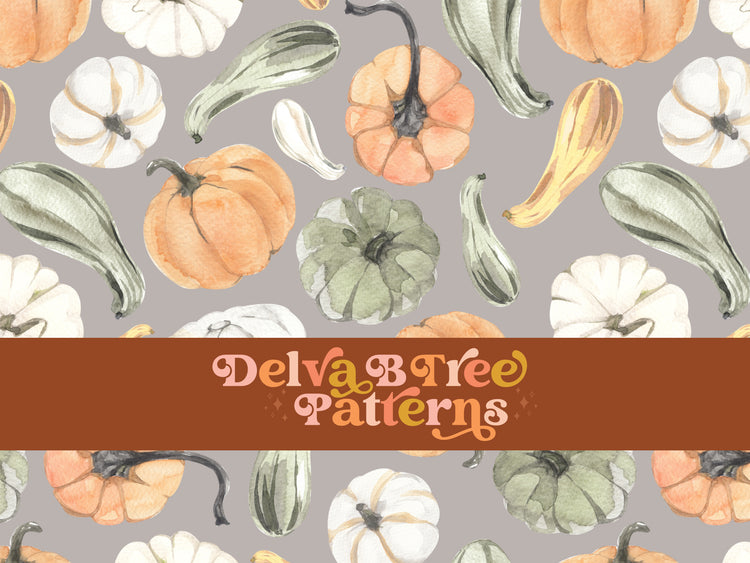 Tossed green, yellow, white and orange watercolor pumpkins and gourds on a gray seamless file for fabric printing. Autumn Farmhouse Repeat Pattern for textiles, polymailers, baby boy lovey blankets, nursery crib bedding, kids clothing, girls hair accessories, home decor accents, pet products.