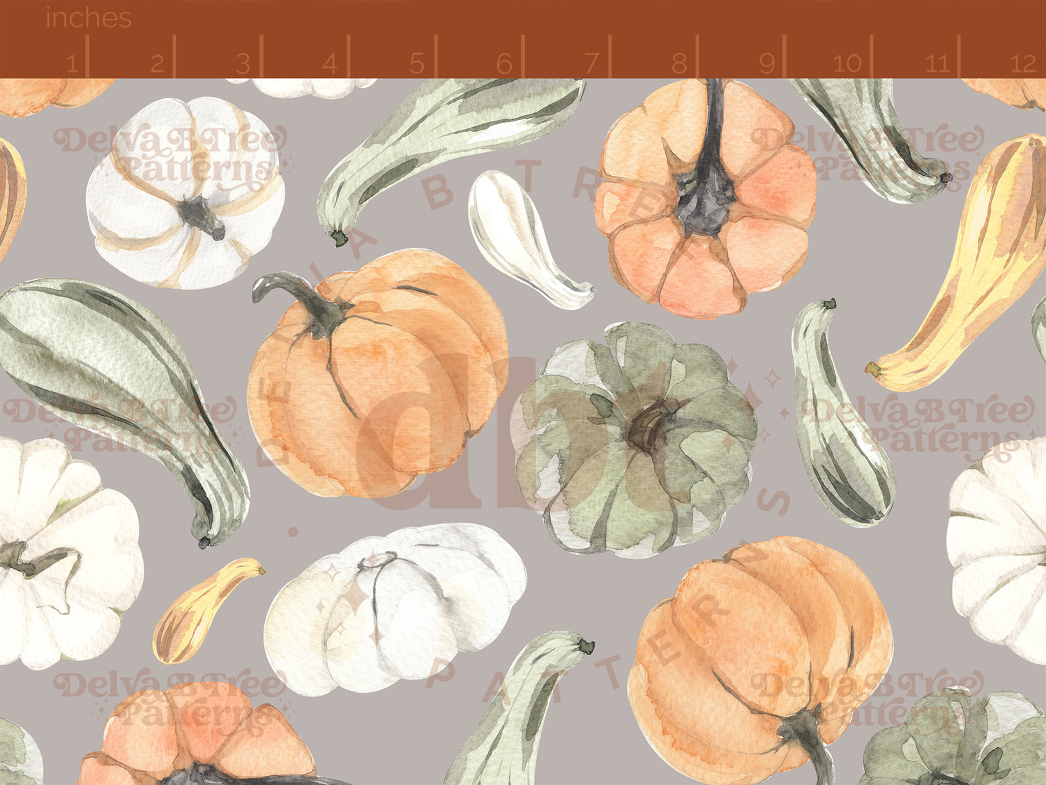 Tossed green, yellow, white and orange watercolor pumpkins and gourds on a gray seamless pattern scale, digital file for small shops that make handmade products in small batches.