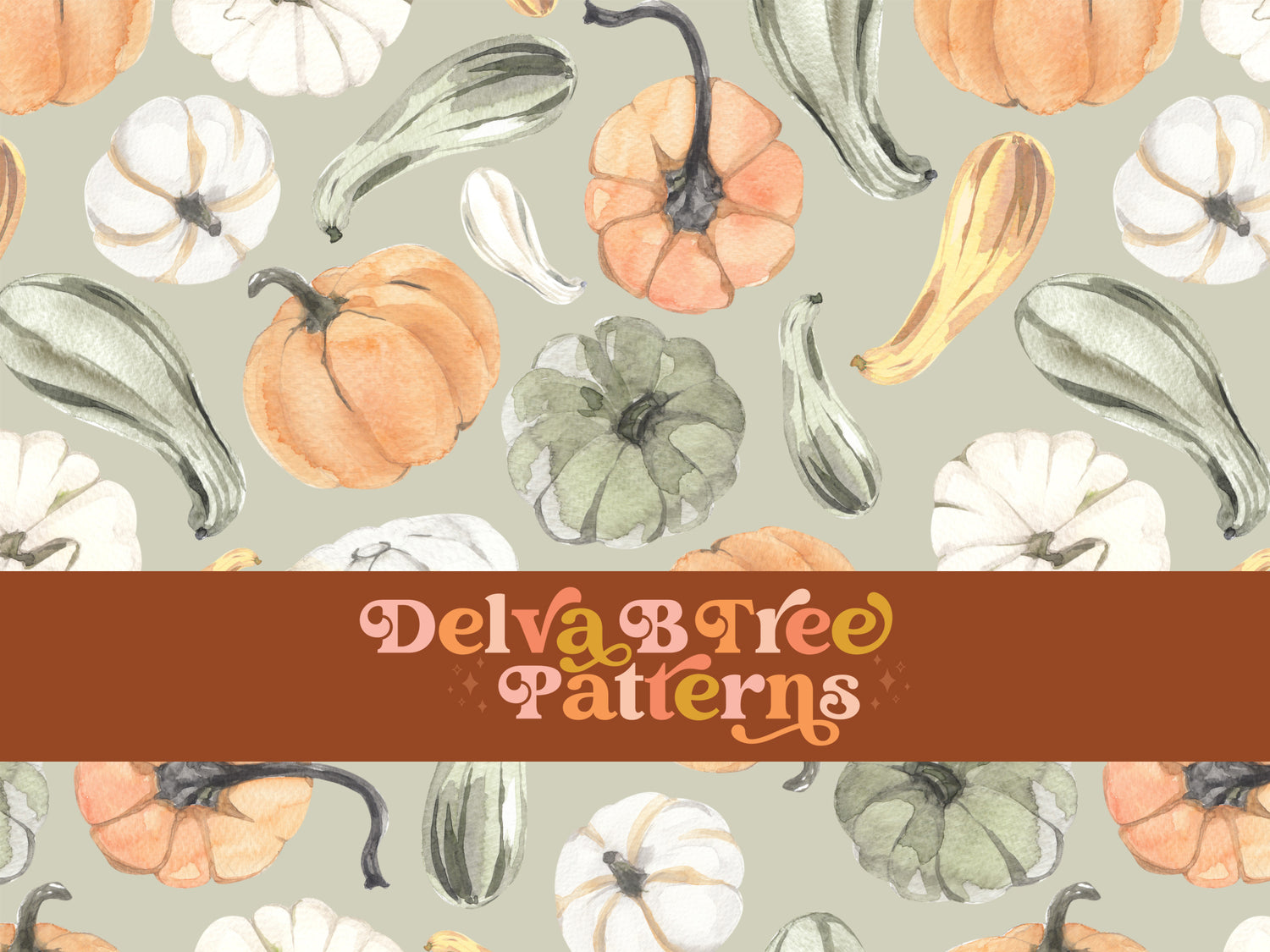 Tossed green, yellow, white and orange watercolor pumpkins and gourds on a sage green seamless file for fabric printing. Autumn Farmhouse Repeat Pattern for textiles, polymailers, baby boy lovey blankets, nursery crib bedding, kids clothing, girls hair accessories, home decor accents, pet products.