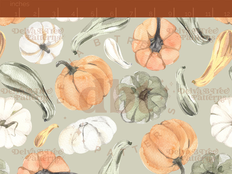 Tossed green, yellow, white and orange watercolor pumpkins and gourds on a sage green seamless pattern scale, digital file for small shops that make handmade products in small batches.