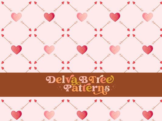Watercolor pink hearts, red hearts and brown arrows on a pink seamless file for fabric printing. Valentines Day Repeat Pattern for textiles, polymailers, baby boy lovey blankets, nursery crib bedding, kids clothing, girls hair accessories, home decor accents, pet products.