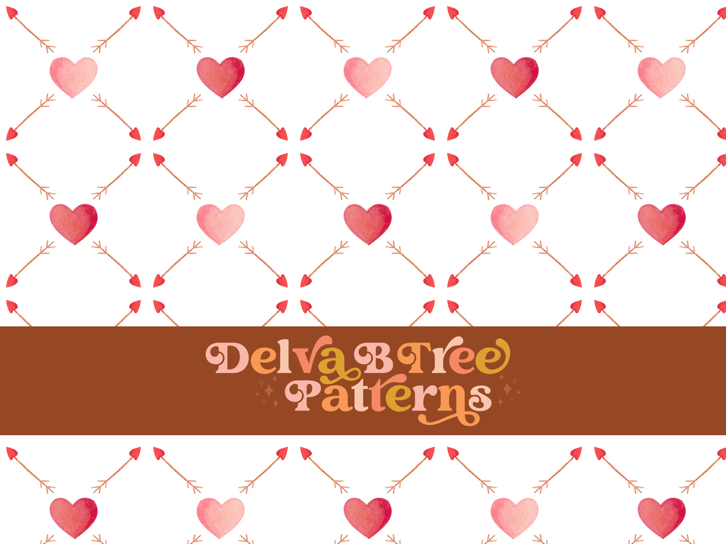 Watercolor pink hearts, red hearts and brown arrows seamless file for fabric printing. Valentines Day Repeat Pattern for textiles, polymailers, baby boy lovey blankets, nursery crib bedding, kids clothing, girls hair accessories, home decor accents, pet products.