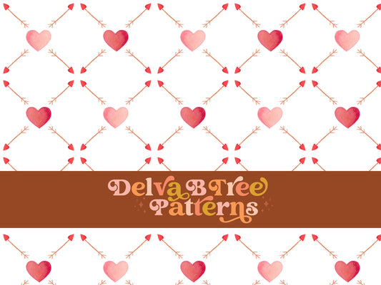 Watercolor pink hearts, red hearts and brown arrows seamless file for fabric printing. Valentines Day Repeat Pattern for textiles, polymailers, baby boy lovey blankets, nursery crib bedding, kids clothing, girls hair accessories, home decor accents, pet products.