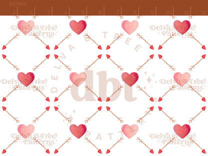 Watercolor pink hearts, red hearts and brown arrows seamless pattern scale, digital file for small shops that make handmade products in small batches.