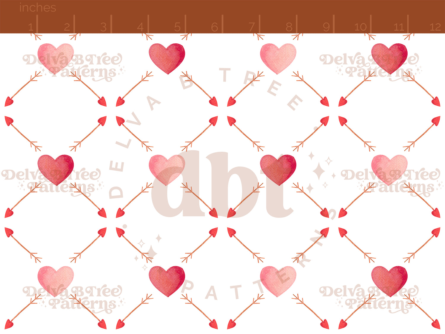 Watercolor pink hearts, red hearts and brown arrows seamless pattern scale, digital file for small shops that make handmade products in small batches.