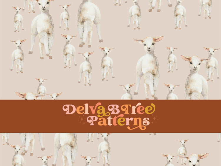 Watercolor lambs on a muted tan background seamless file for fabric printing. Gender Neutral retro look Baby Sheep Repeat Pattern for textiles, polymailers, baby boy lovey blankets, nursery crib bedding, kids clothing, girls hair accessories, home decor accents, pet products.