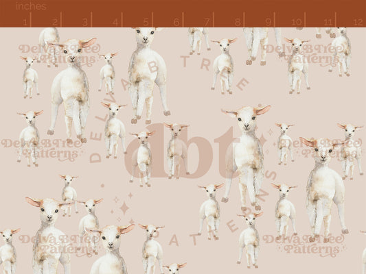 Watercolor baby sheep on a muted tan background seamless pattern scale for small shops that make handmade products in small batches with spring farm animal digital files.