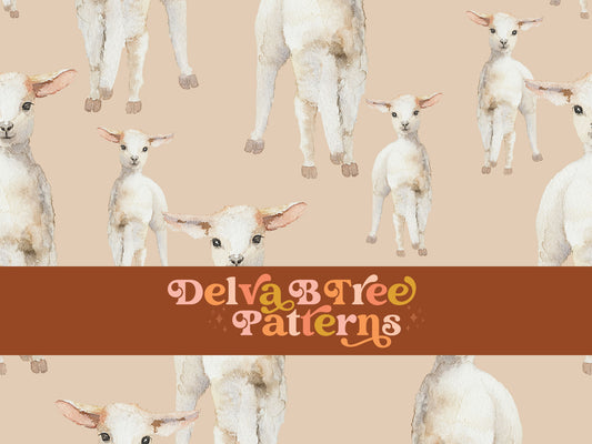 Watercolor lambs on a light brown background seamless file for fabric printing. Gender Neutral retro look Baby Sheep Repeat Pattern for textiles, polymailers, baby boy lovey blankets, nursery crib bedding, kids clothing, girls hair accessories, home decor accents, pet products.