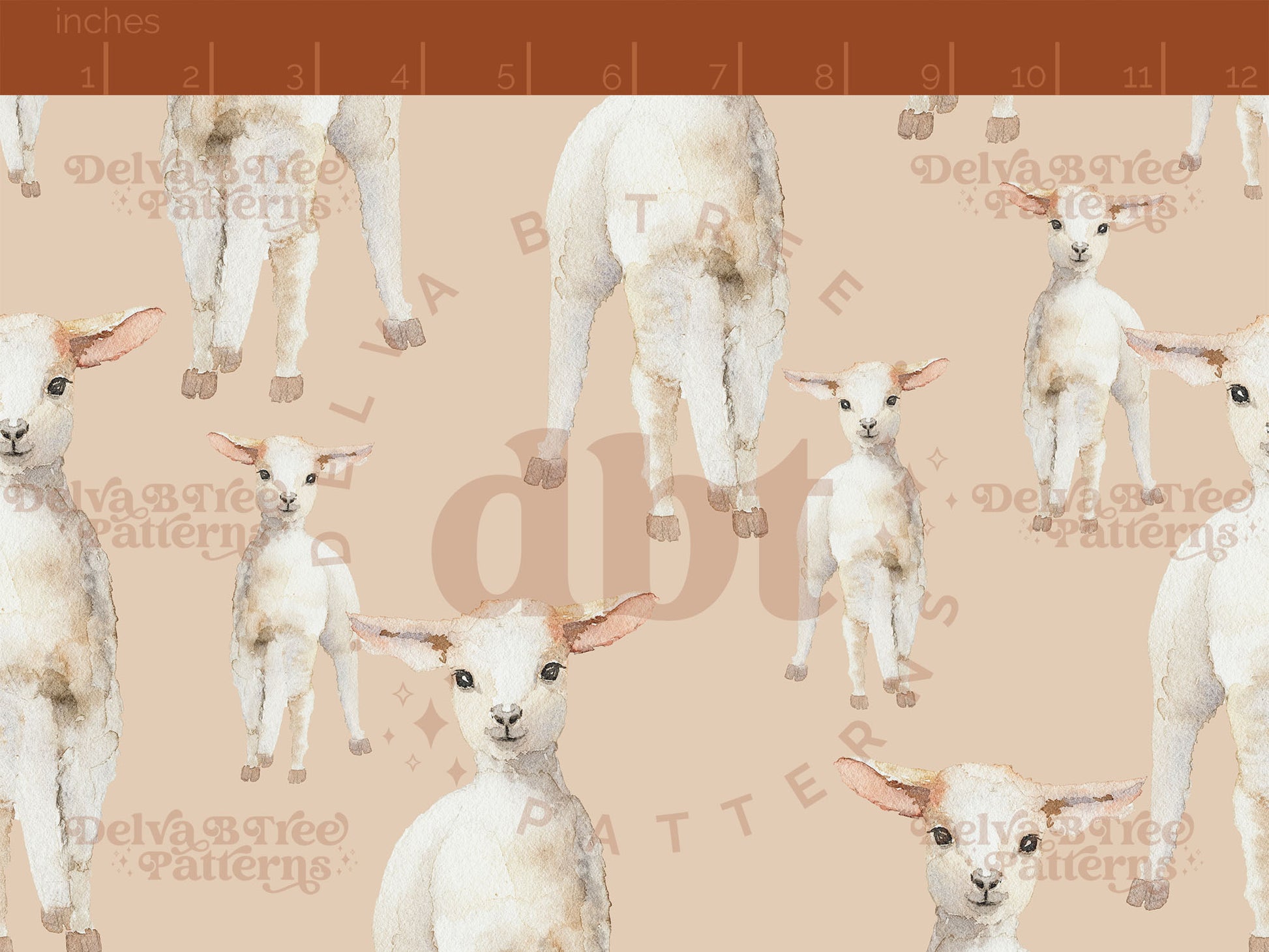 Watercolor baby sheep on a light brown background seamless pattern scale for small shops that make handmade products in small batches with spring farm animal digital files.