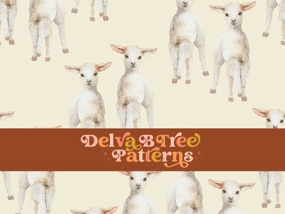 Watercolor lambs on an antique white background seamless file for fabric printing. Gender Neutral retro look Baby Sheep Repeat Pattern for textiles, polymailers, baby boy lovey blankets, nursery crib bedding, kids clothing, girls hair accessories, home decor accents, pet products.
