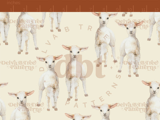Watercolor baby sheep on an antique white background seamless pattern scale for small shops that make handmade products in small batches with spring farm animal digital files.