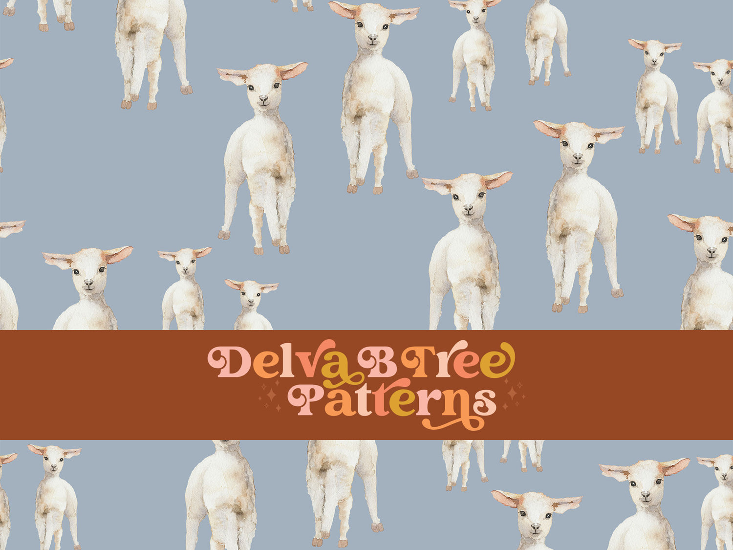 Watercolor lambs on a cadet blue background seamless file for fabric printing. Retro look Baby Sheep Repeat Pattern for textiles, polymailers, baby boy lovey blankets, nursery crib bedding, kids clothing, girls hair accessories, home decor accents, pet products.